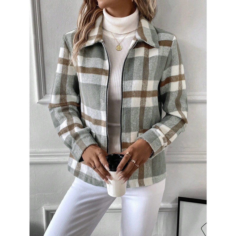 gray tan Plaid Print Zip Up stand collar preppy - Picture 1 of 5